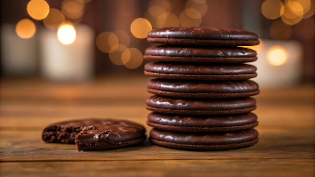 Stack of delicious chocolate cookies with one broken in half on a rustic wooden table with bokeh lights - Powered by Adobe