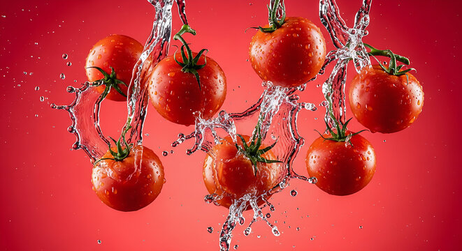 food photography of fresh tomatoes with water splashes for healthy food advertising and product promotion