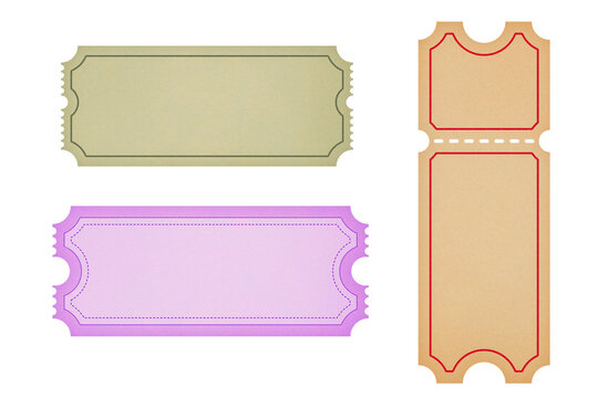Collection of vintage tickets in green purple and red colors perfect for event promotions scrapbooking or adding a retro touch to your design project with a classic aesthetic on transparent background