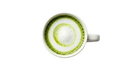 Top view of a frothy matcha latte in a white mug.