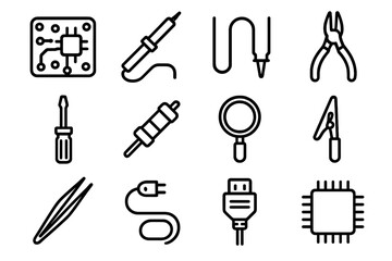 Obraz premium Electronic Assembly Tools. Electronic Assembly linear icon set. circuit board, soldering iron, wire, pliers, screwdriver, resistor, microchip, magnifier, clamp, tweezers, cable