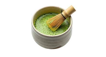 Traditional Japanese Matcha Tea Preparation with Bamboo Whisk in a Ceramic Bowl.