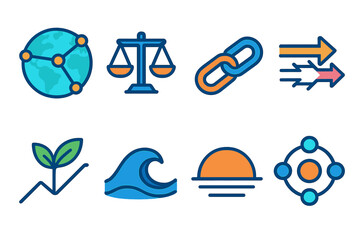 Economic Resilience Icons. Global Economic Resilience flat icon set: world map node, trade balance line, supply chain link, resource flow arrows, sustainable growth leaf, stability