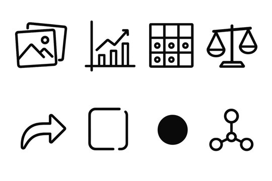 Decision System Elements. Dynamic Decision System Elements linear icon set: scenario cards, probability chart, option matrix, weighted scale, feedback arrow, evolving frame