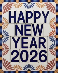 Tile art displaying happy new year two thousand twenty six with floral border and blue lettering