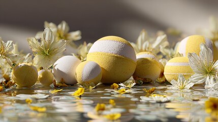 A row of yellow and white bath bombs arranged on a surface