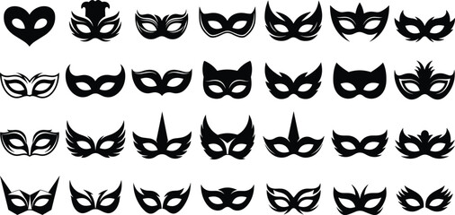 Masquerade mask icon collection featuring fantasy designs, costume party silhouettes, decorative carnival eye mask set