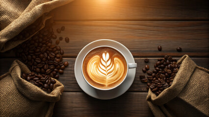 Overhead view of a freshly brewed latte with intricate foam art surrounded by burlap sacks of coffee beans