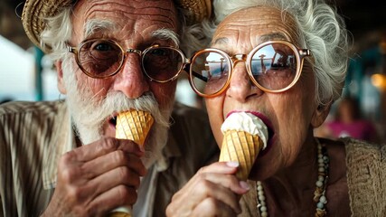 Senior couple enjoying ice cream cones at cafe on bright Summer day at outdoor cafe, glasses, hats, happy, together, vacation and relaxation