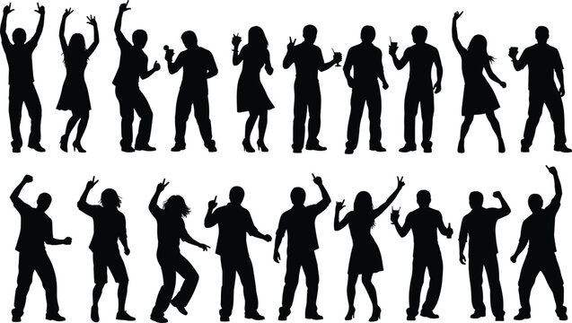 Dancing party people silhouettes with energetic poses, celebration crowd figures, dance movements, nightlife festive illustration collection