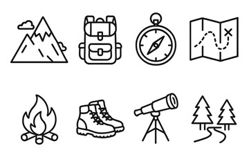 Adventure Icon Collection. Adventure Concept linear icon set: mountain peak, backpack, compass, map, campfire, hiking boots, telescope, forest trail