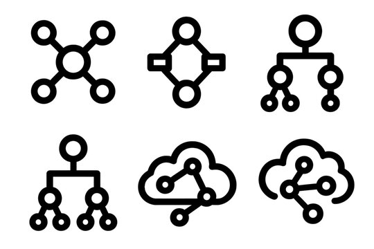 Brutalist Semantic Icons. Semantic Networks silhouette icon set. concept web, entity nodes, labeled connections, ontology diagram, hierarchy tree, data cloud.