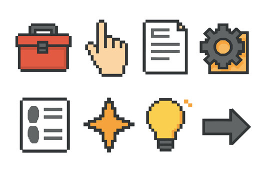 Practical Icon Set. Practical Knowledge pixel style icon set: toolbox icon, skill hand, instruction sheet, applied gear, step-by-step card, experience mark, helpful hint dot, task
