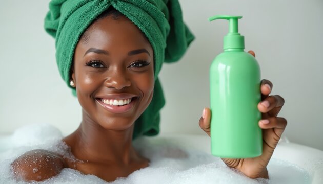 Beautiful black woman smiles in foamy bubble bath. Wears green towel on head. Female holds up bright green pump bottle, promoting fresh cosmetic product for hair. Lady enjoys beauty self care