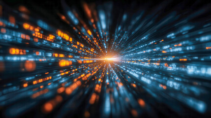 Futuristic abstract digital data explosion with dynamic light streaks and glowing numeric codes converging toward a bright central point in a high-tech visualization