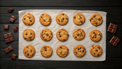 Freshly baked chocolate chip cookies arranged on parchment paper on a dark wooden table
