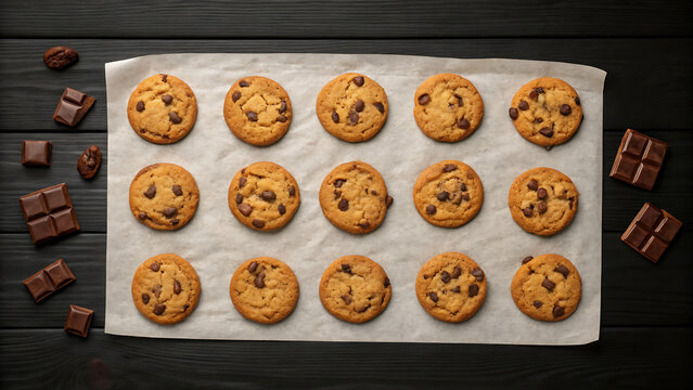 Freshly baked chocolate chip cookies arranged on parchment paper on a dark wooden table