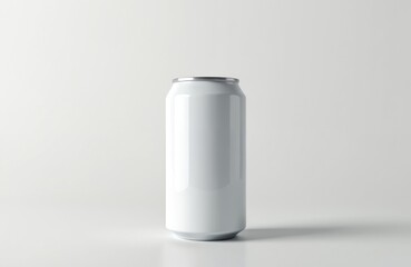 Blank white aluminium can stands on surface. Soda or beer metal container. Mockup for beverage product branding design. Isolated metallic drink packaging template for lemonade and alcohol.