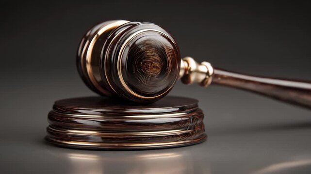 Closeup of a polished auctioneers gavel striking a wooden block symbolizing authority and finality in highstakes auctions with a sleek modern finish.