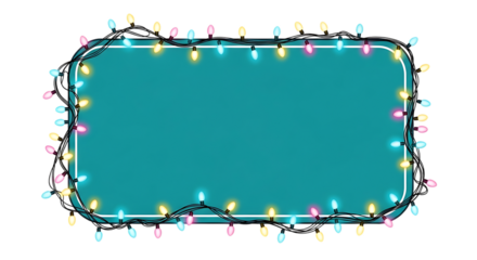 Festive christmas lights frame around teal blank space isolated on transparent background