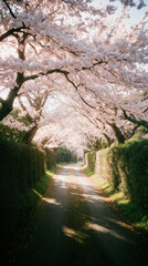 Perspective view of a country lane leading under a romantic archway of pink cherry blossoms on a sunny spring day