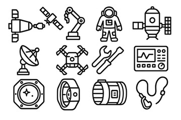 Fototapeta premium Space Station Icons. Space station operations linear icon set. docking vehicle, robotic arm, EVA suit, habitat module, satellite dish, maintenance drone, tool wrench, control panel