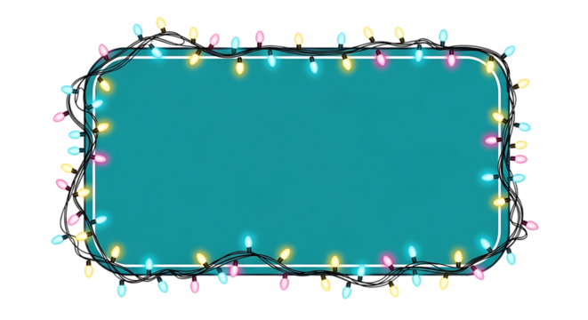 Festive christmas lights frame around teal blank space isolated on transparent background