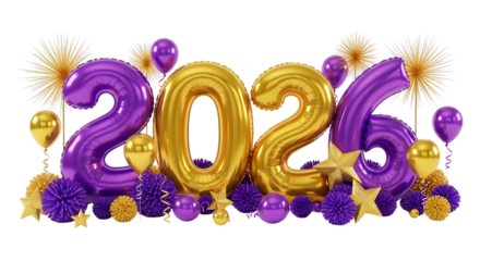 Golden and purple balloons forming the year 2026 with festive decorations isolated on transparent background