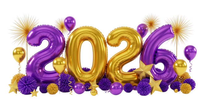 Golden and purple balloons forming the year 2026 with festive decorations isolated on transparent background