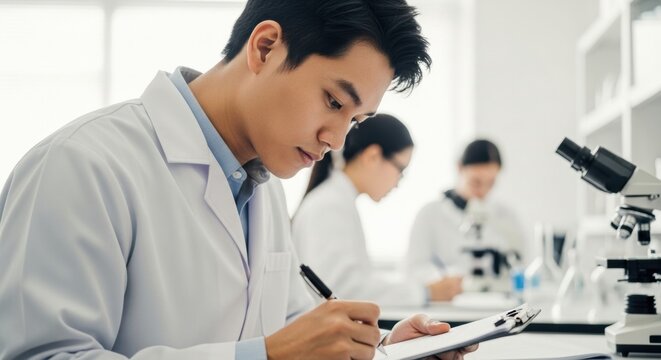 Focused young Asian male scientist in a white lab coat diligently writing research notes on a clipboard in a bright, modern medical or scientific laboratory environment - Powered by Adobe