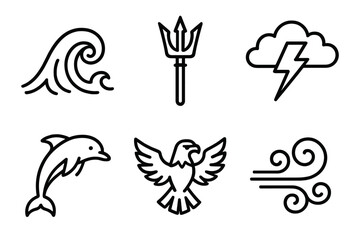 Obraz premium Mythic Marine Icons. Sea and Sky linear icon set: Poseidon’s wave, trident, dolphin, thundercloud, eagle, wind swirl