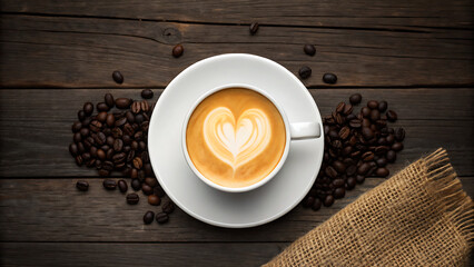 Overhead view of a white cup of coffee with latte art heart shape on a rustic wooden table