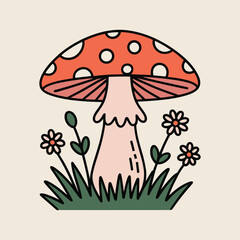 Amanita Muscaria Mushroom Doodle: Retro 70s Style Fungi and Flowers Illustration