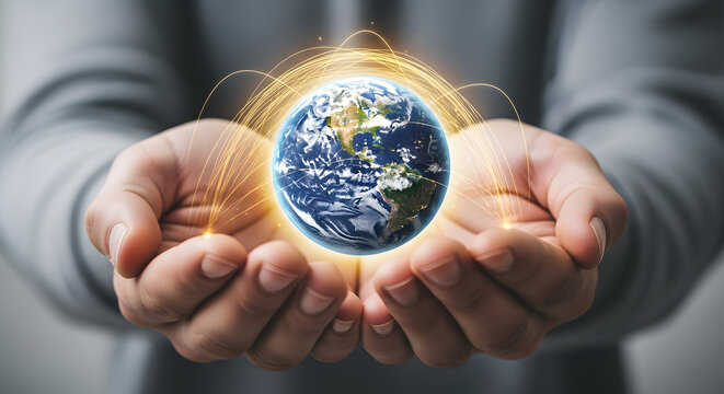 Man's cupped hands holding a glowing planet Earth with luminous data streams symbolizing global connection, network, and technology - Powered by Adobe