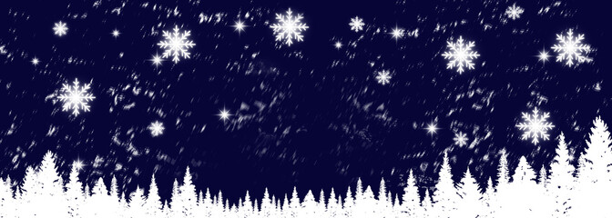 Winter Night Background with Snowfall, White Pine Trees, and Stars perfect for Christmas Holiday Header or Celebration Banner