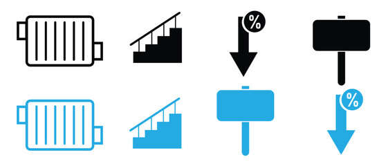 Minimal line icon set of radiator, staircase, discount sign, and downward arrow in black and blue styles.