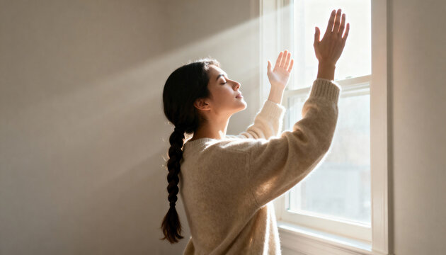 A woman with faith praying in the morning light. Spiritual person with hands raised in worship by a window. Hope and gratitude concept