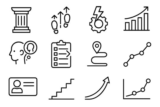 Professional Development Icons. Professional Development Collection linear icon set: capability pillar, guided steps, skill enhancement spark, steady rhythm bar, reflective moment