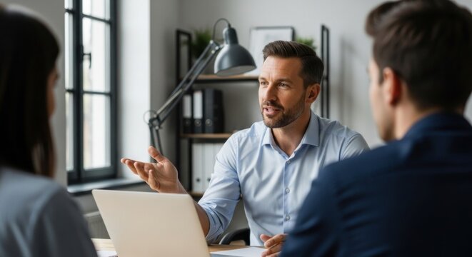 Professional advisor engages in serious discussion with two seated individuals across a desk