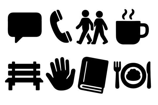 Companionship Icons Set. Everyday Companionship silhouette icon set. chat bubble, phone call, walking pair, coffee cup, park bench, waving hand, book, shared meal