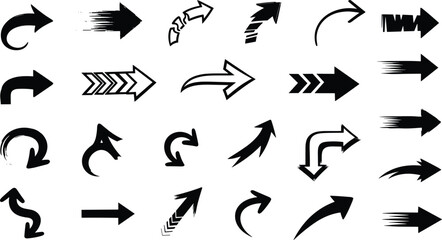 Set of 25 Black and White Arrow Icons Featuring Curved, Zigzag, Brushstroke, Segmented, and Directional Motion Styles