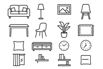 Contemporary Interior Icons. Contemporary interiors linear icon set: sofa, lamp, desk, chair, floor plant, rug, framed picture, cushion, TV stand, clock, curtain, shelf