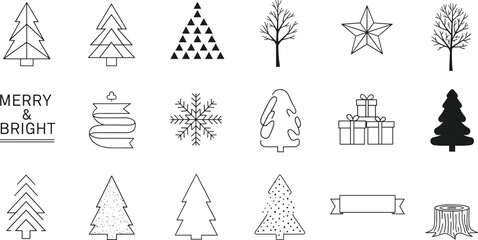 Set of 18 Minimalist Black and White Christmas and Holiday Icons for Seasonal Design, Decoration, and Greeting Cards