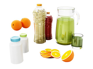Detox concept with fresh juice bottles, pills and fruits isolated on transparent background. 3D illustration
