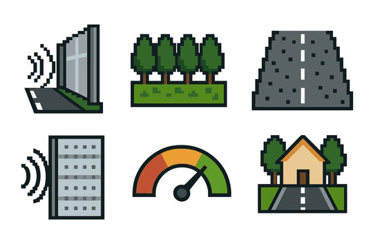 Urban Sound Management Icons. Urban Sound Management pixel style icon set: reflective baffle, green buffer strip, low-noise pavement, airflow noise screen, ambient tone gauge
