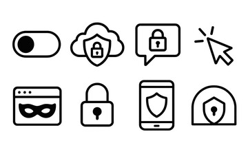 Fototapeta premium Digital Security Icons. Secure Digital Habits linear icon set: privacy toggle, shielded cloud, encrypted message, cautious cursor, masked tab, secure padlock, safe device