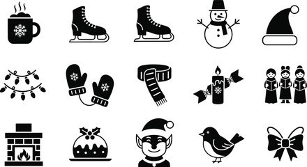 Set of 20 Black and White Winter and Christmas Icons Featuring Skates, Snowman, Carolers, Fireplace, and Decorations