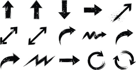 Set of 16 Black and White Arrow Icons Featuring Grunge, Curved, Zigzag, Circular, and Directional Styles