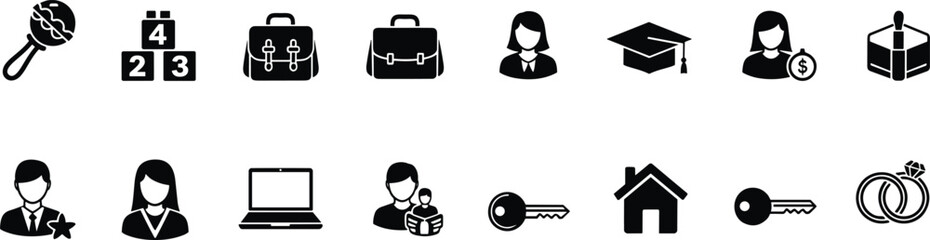 Linear Timeline of Life Stages and Milestones Illustrated with Black Icons for Education, Career, Family, and Home Ownership