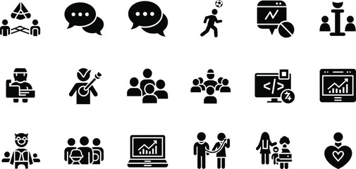 Set of 18 Black Business, Education, Health, and Communication Icons for Presentation, UI, Teamwork, and Strategy Design